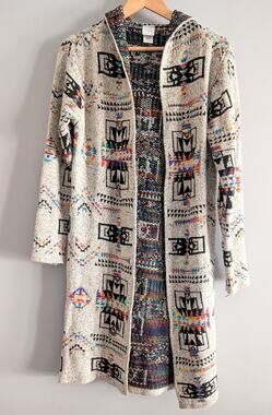 NORTHERN ANGEL Colorful Aztec Long Hooded Knit Cardigan Sweater Size M